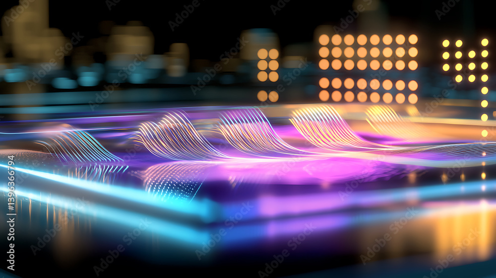 Poster digital wave patterns display virtual environment abstract art technology background close-up perspe