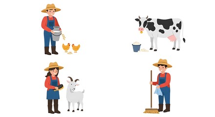 Fototapeta premium Showing Cartoon Farmers Caring for Farm Animals in Illustration