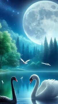 Magical Night Scene with Swans in Tranquil Moonlit Waters