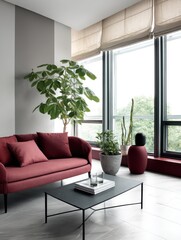 Bright minimalist interior featuring matte alabaster roller shades on panoramic windows, a sophisticated blush-colored sofa, and a sleek charcoal-gray coffee table
