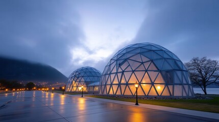 Obraz premium Modern geodesic domes illuminated at dusk, surrounded by a serene landscape featuring mountains and reflective wet pavement.