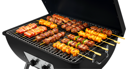 A black grill with several skewers of meat being cooked on the grill inside the barbecue cooker box