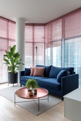 Clean, modern interior featuring elegant dusty rose roller blinds on floor-to-ceiling windows, navy-blue sofa with sleek rose-gold coffee table