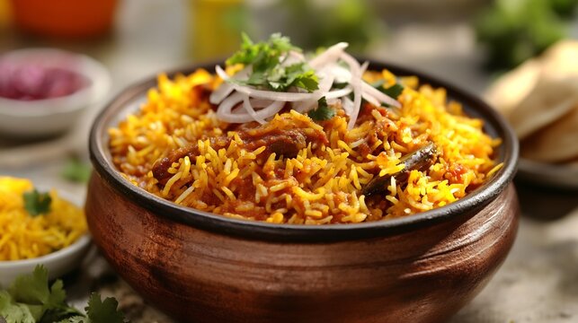 Spicy dum biryani served hot a traditional clay pot with vibrant accompaniments