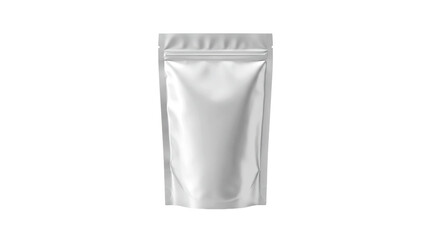 A shiny white stand up pouch with a zipper closure isolated against a black background in studio...