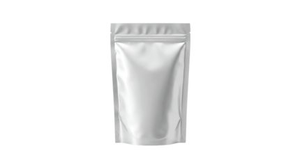 A shiny white stand up pouch with a zipper closure isolated against a black background in studio shot