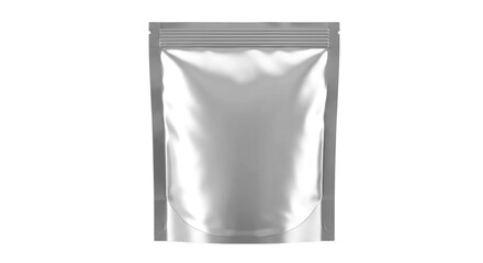 A shiny silver pouch with a sealed top is displayed against a stark black background in a studio...