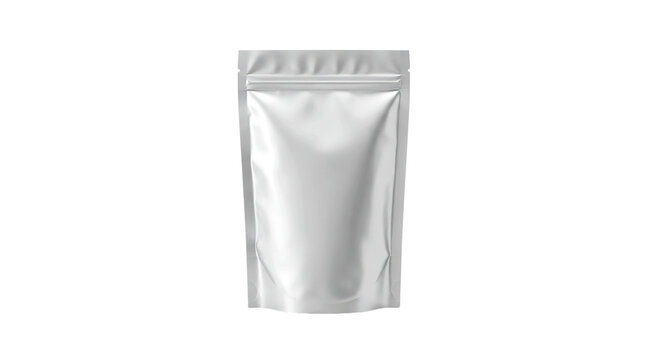 A shiny white stand up pouch with a zipper closure isolated against a black background in studio shot