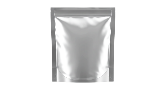 A shiny silver pouch with a sealed top is displayed against a stark black background in a studio shot