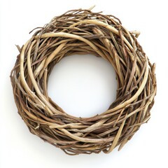 Close up of a circular wreath made of twigs on a white background on transparent background