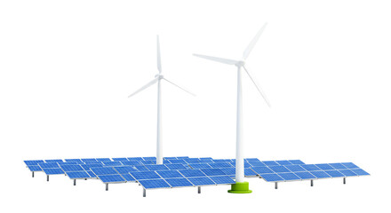 Two windmills and solar panels on a black background showcasing renewable energy sources and...