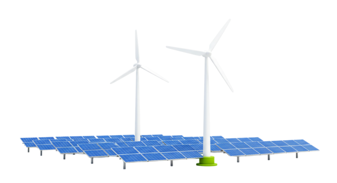 Two windmills and solar panels on a black background showcasing renewable energy sources and technology