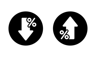 Percent arrow down and up icon on black circle. Percentage decline and growth sign symbol