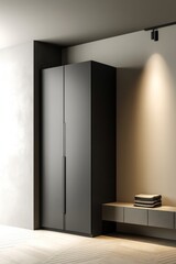 Modern interior with a sleek obsidian black wardrobe against a muted ivory wall