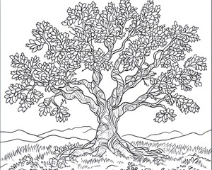 Fototapeta premium Majestic oak tree, scenic landscape, coloring page, nature illustration
