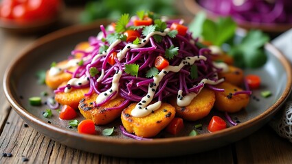 Vibrant Vegan Salad with Roasted Potatoes, Red Cabbage, and Fresh Vegetables