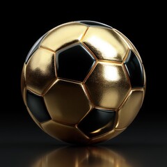 Naklejka premium 3D Render: Golden Soccer Ball with Black Panels on Black Background with Reflections. Sport and Achievement Concept.