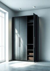Sleek matte black wardrobe in a contemporary home interior, standing against a crisp white wall