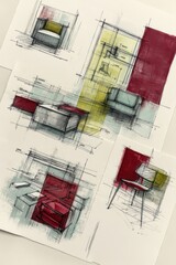 Stylish aerial view of minimalist furniture sketches on a white background