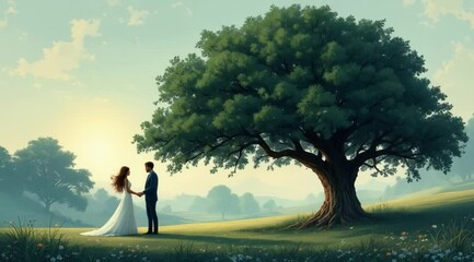 Romantic couple, sunrise, field, tree,  wedding, pastoral scene, perfect moment, possible use for wedding invitations, or a love theme