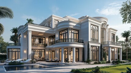 Obraz premium A grand, classic architectural design of a luxurious, multi-level villa.