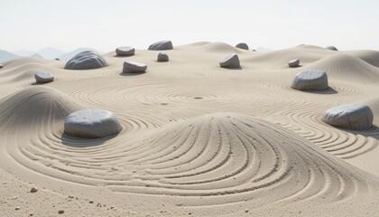 Naklejka premium Beige Sand Zen Garden with Smooth Rocks and Raked Patterns under Bright