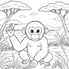 Drawing illustration of Chimpanzee in forest. Coloring Book for kids. Black and white. Monkey, apes.