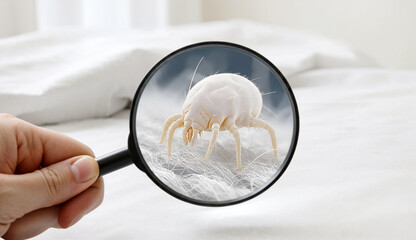 Close-up of a dust mite being examined on the hotel ned through a magnifying glass  