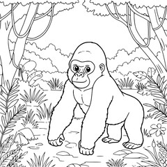 Obraz premium Drawing illustration of Gorilas in forest. Coloring Book for kids. Black and white.