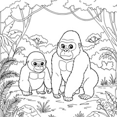 Drawing illustration of Gorilas in forest. Coloring Book for kids. Black and white.