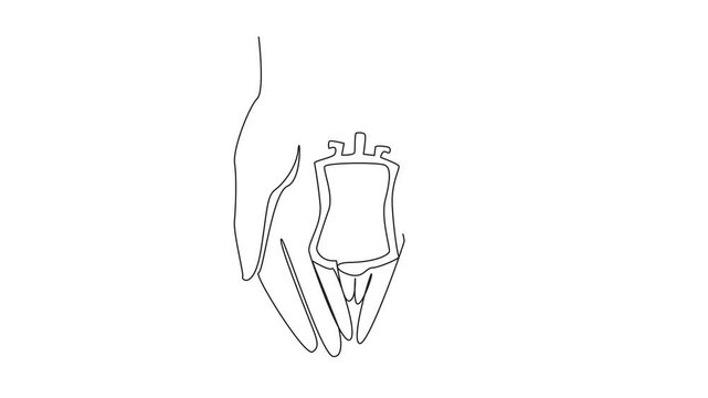 Animation of single one line drawing 2 open hands and on top of them is a small blood bag. Donating blood. Caring. World Hemophilia Day. Continuous line self drawing animated. Full length motion