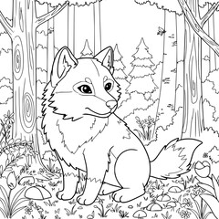 Wolf in a forest Drawing book illustration for kids. Coloring book