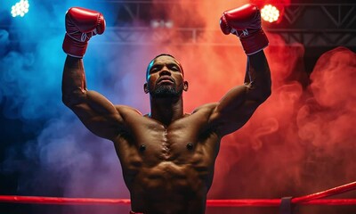 A victorious boxer raises arms, celebrating a win, in a boxing ring with red and blue lighting. - Powered by Adobe