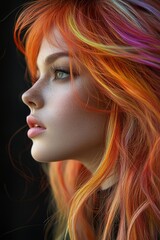 Fototapeta premium A beautiful supermodel showcases her striking, long hair. Profile a dark background