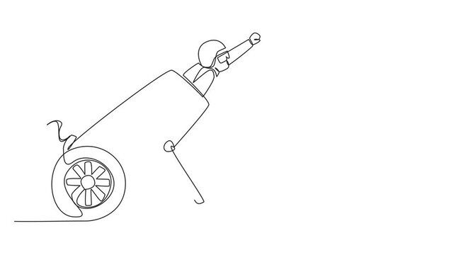 Animated self drawing of single continuous line drawing the circus performers inside the cannon wear helmets and put their hands forward. Fun. World Circus Day. Full length single line animation