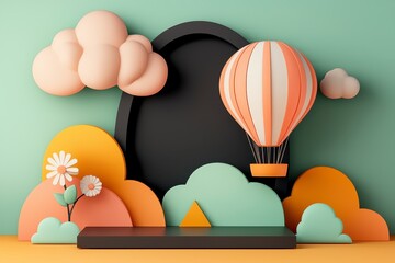 Fototapeta premium Pastel Hot Air Balloon Above Minimalist 3D Rendered Landscape