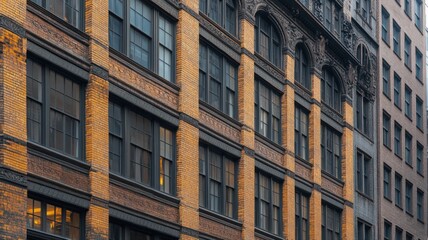 Fototapeta premium Aged Brick Building Facade with Dark Windows and Intricate Details