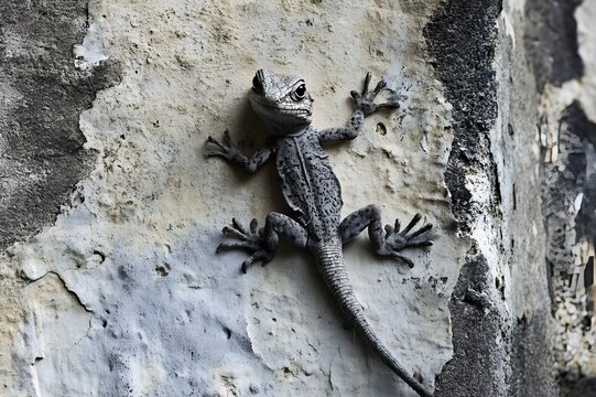 Close-up Rough scales, sharp eyes and webbed feet of this tiny lizard clings to a worn wall, lurking silently