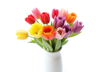 Obraz premium white vase filled with colorful tulips on a white background