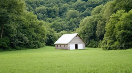 Obraz premium Rustic Barn in Green Valley Peaceful Landscape High-resolution Natural Light Wide shot Lush Meadow Serene Solitude Rural Idyll Calming Greens Ideal for nature publications