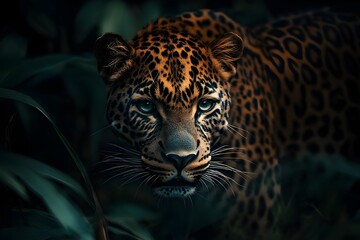 Obraz premium Face of a leopard in the wild looking fierce with its fangs showing