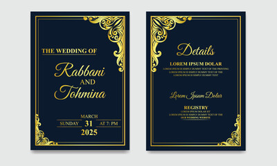 Luxury wedding invitation card template with golden pattern