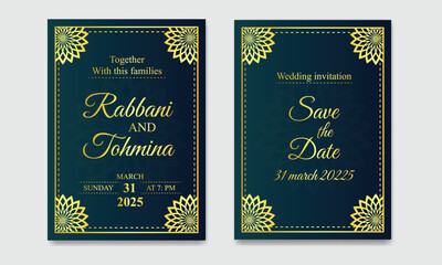 Luxury wedding invitation card template with golden pattern