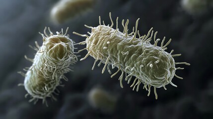 Fototapeta premium Close-up of Bacteria Cells with Flagella on Dark Background Illustration