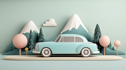 Pastel Papercraft Landscape with Light Blue Vintage Car