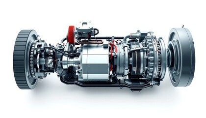 Detailed Cutaway Of Electric Vehicle Drive Unit Silver And Gray Components On