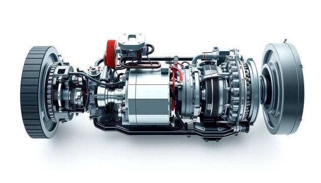 Detailed Cutaway Of Electric Vehicle Drive Unit Silver And Gray Components On