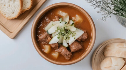 Hearty Beef Stew in Rustic Wooden Bowl with Zucchini and Bread