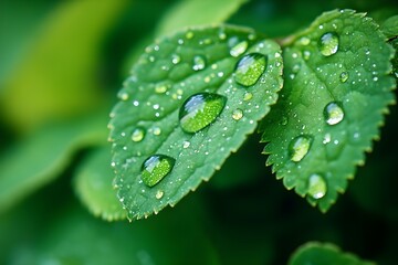 Water Drops on Leaves close up view of water drops on fresh green leaves. From above, the drops look like tiny pearls, reflecting the surrounding sky and foliage with perfect clarity