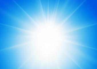 青い空に輝く太陽と太陽光線の3dイラスト